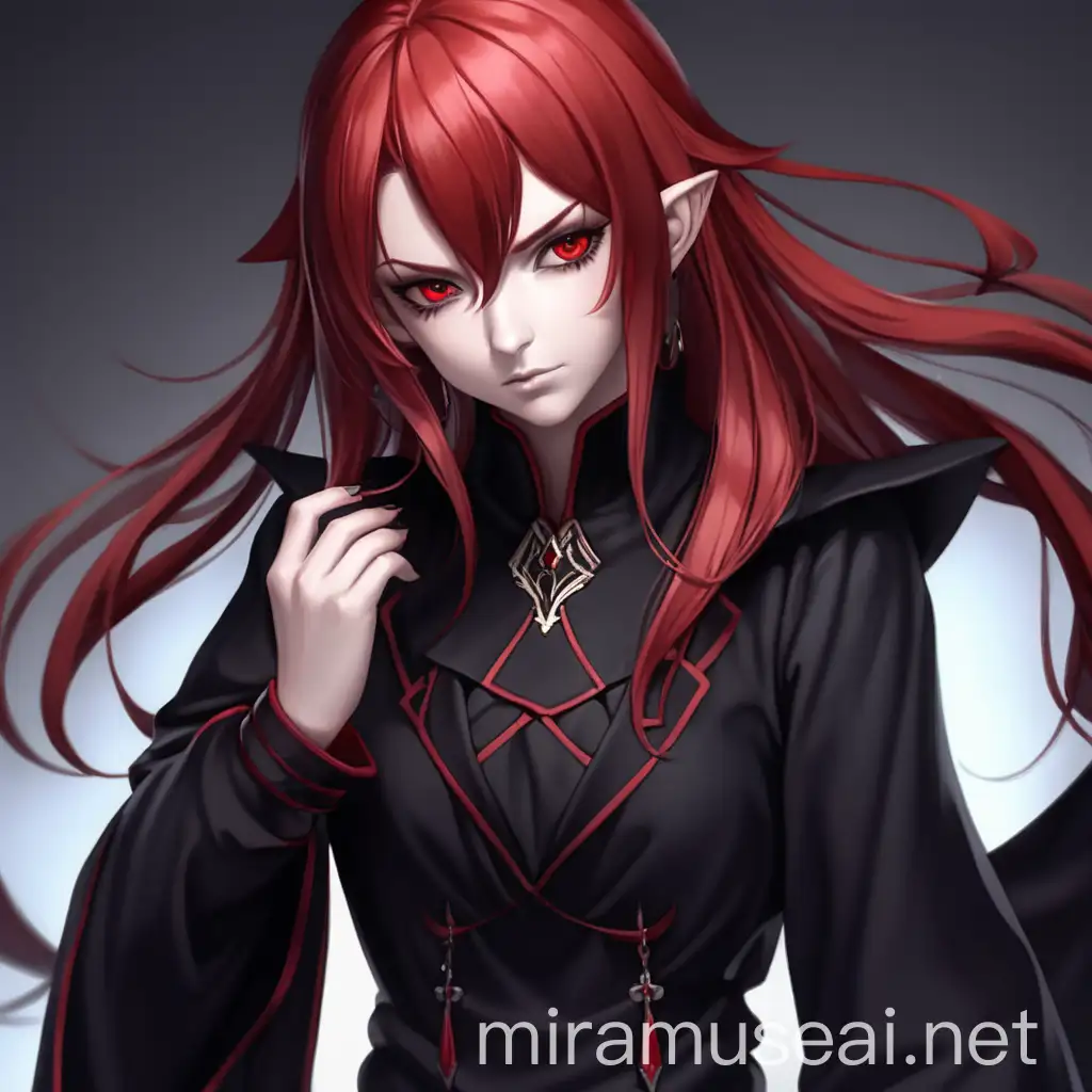 Evil Anime Style Woman Mage with Red Hair in Black Clothes