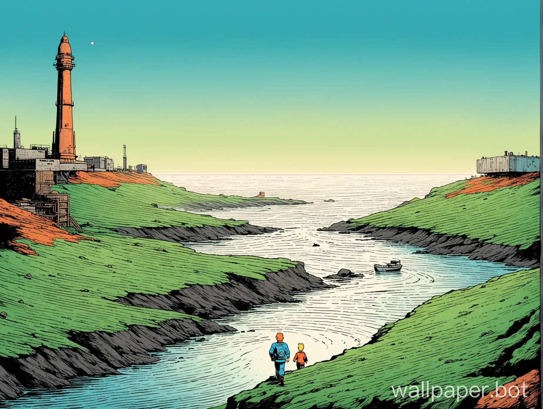 dystopian landscape Tintin style