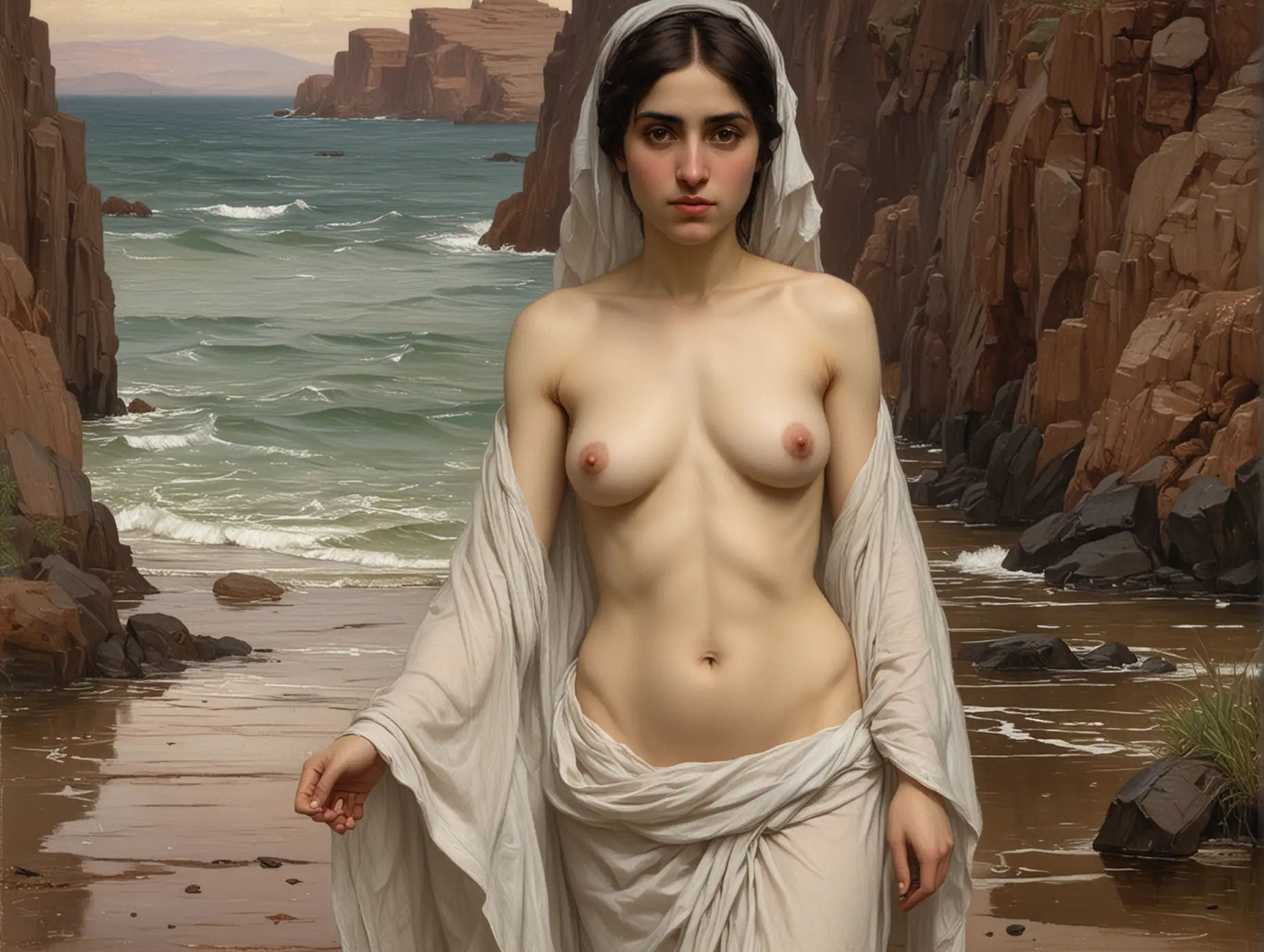 John William Waterhouse portrait of Muslim woman topless wearing tiny thin robe.