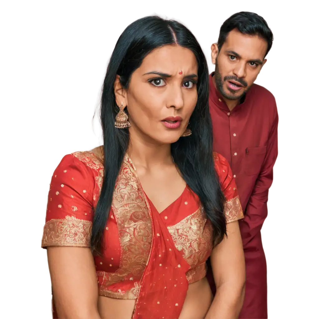 Indian-Husband-and-Wife-Surprised-Moment-PNG-Image-with-Sari-and-Vermilion-Hair-Parting-High-Quality-for-Creative-Projects