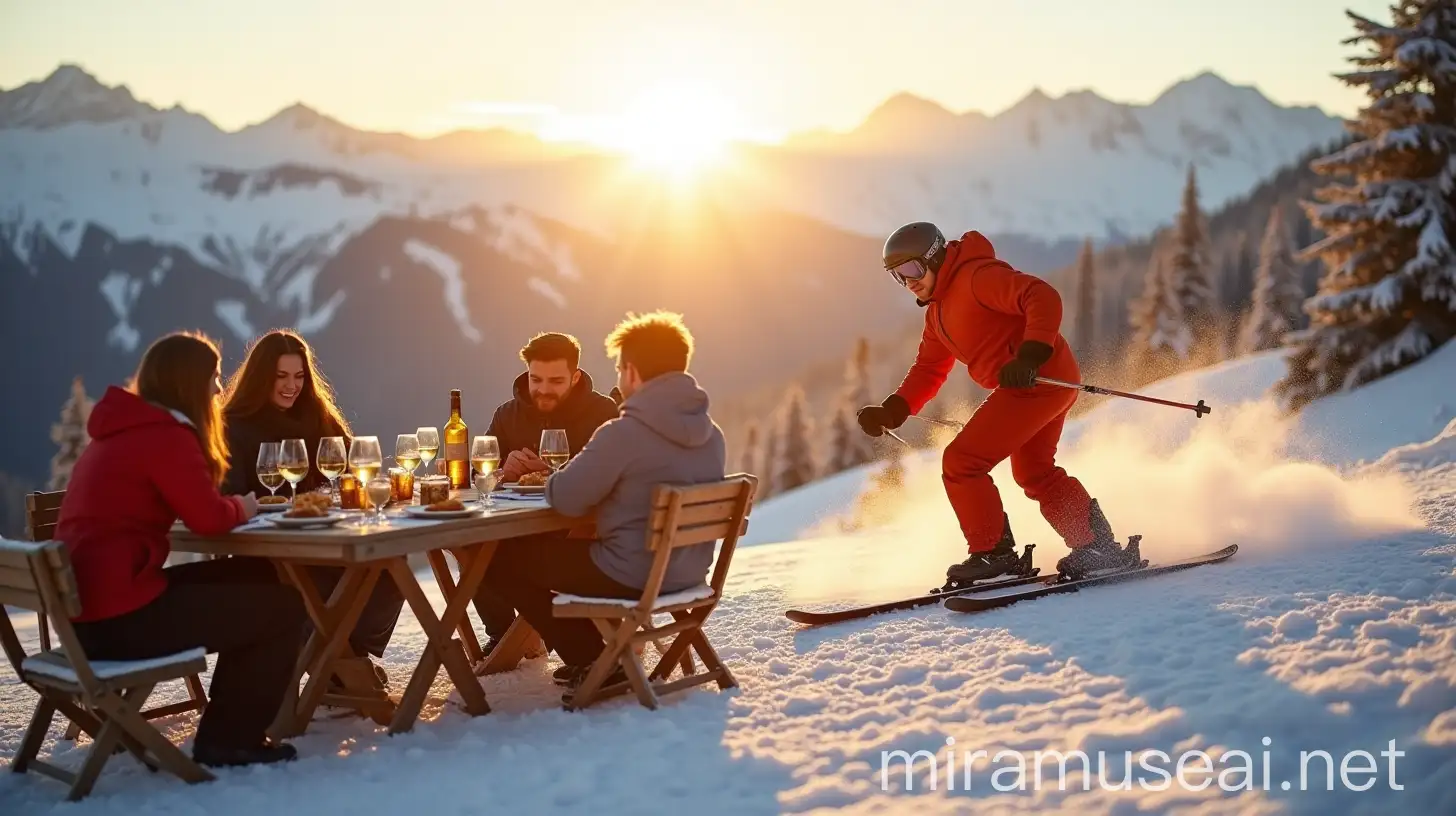 Young Adults Enjoying Wine and Appetizers in a Snowy Mountain Setting