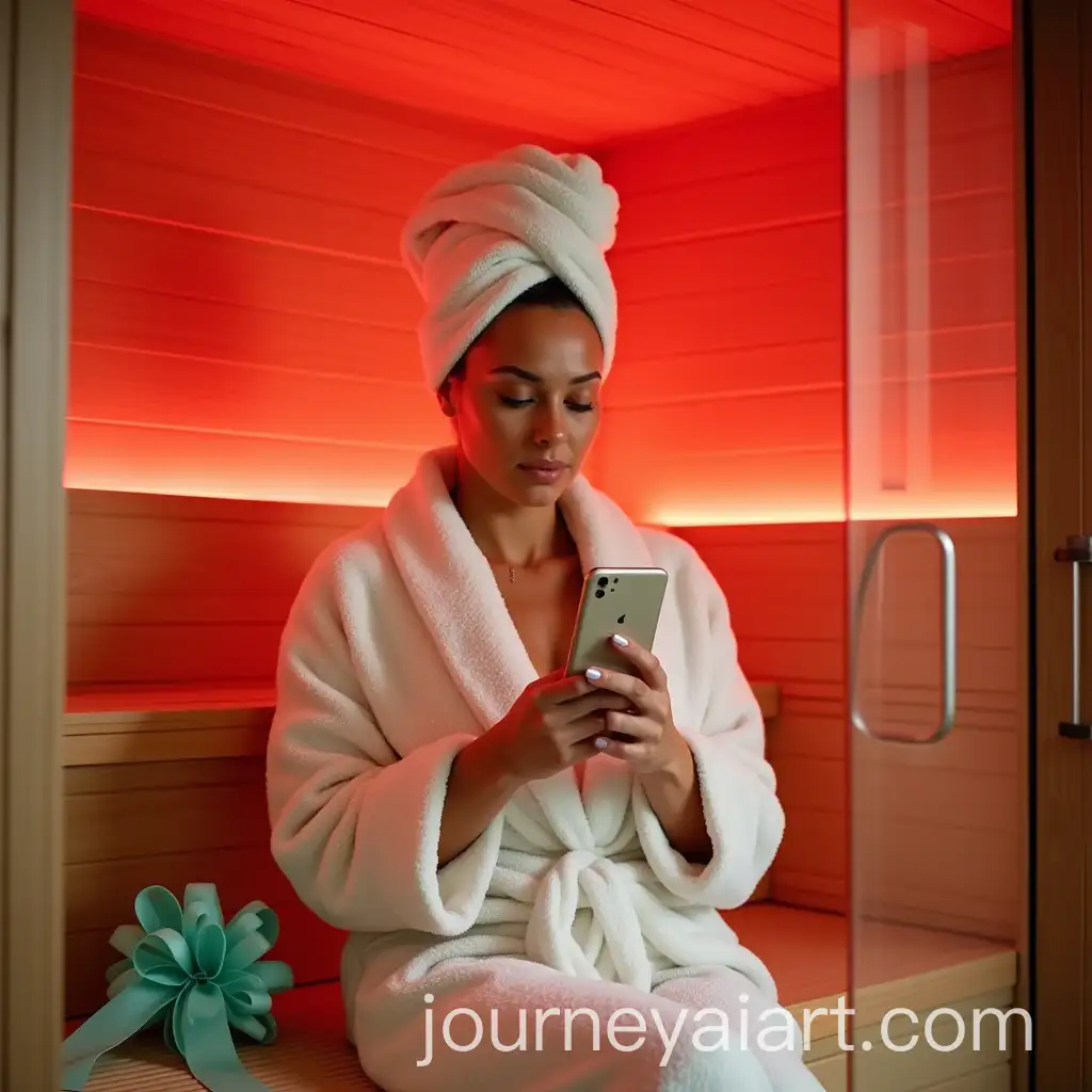 Relaxed-Woman-in-a-Luxurious-Spa-Sauna-with-Mint-Ribbon-and-Smartphone