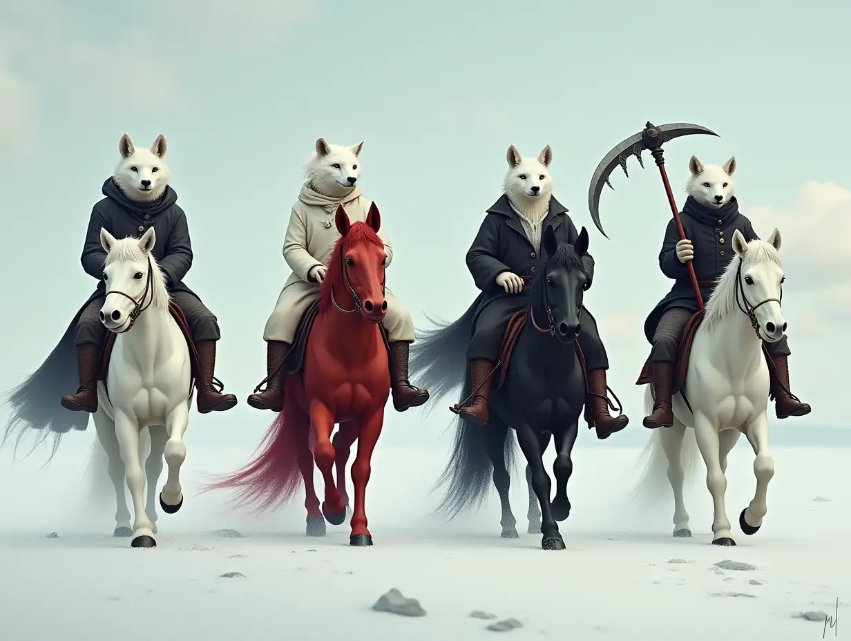 Four riders from left to right. The first rider, a shabby and puny white polar fox on a white horse. The second rider, a white evil polar fox on a red horse.   The third rider on a black horse, a white fat polar fox. The fourth rider, a white polar fox in a black coat and with a scythe on a pale horse.