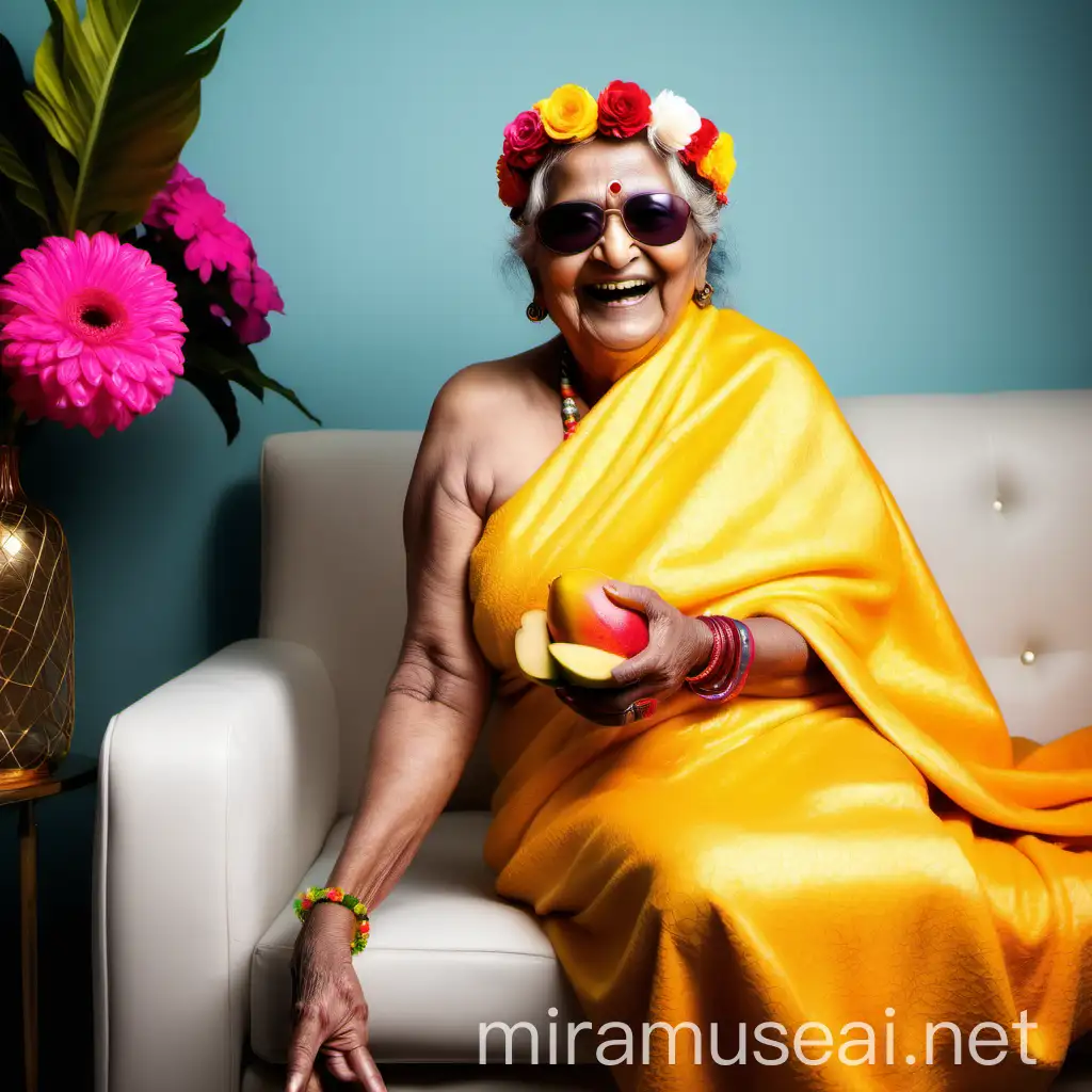 Elderly Hindu Woman Monk Enjoying Fruits and Gifts on Luxurious Sofa