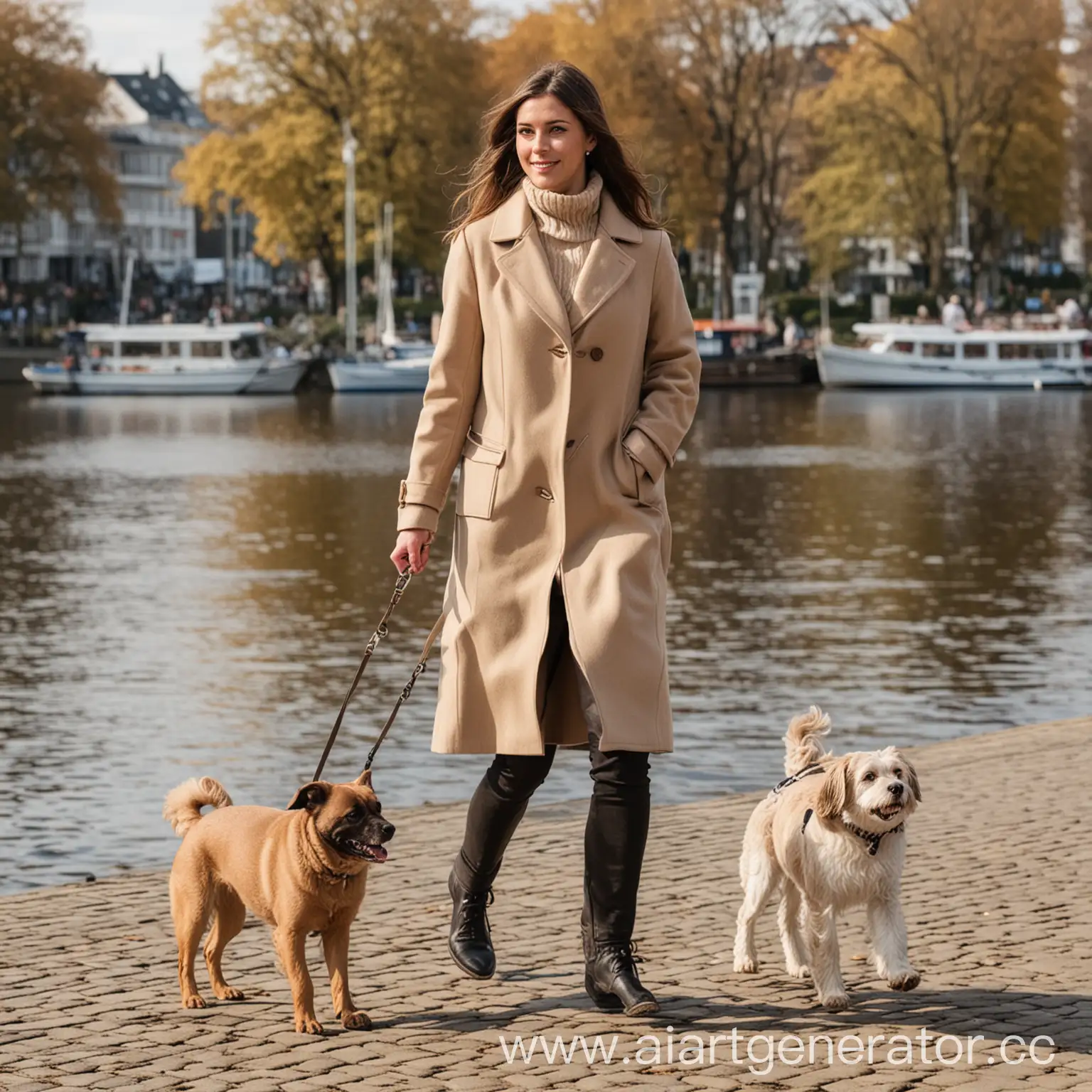 Brunette-Woman-Walking-Brown-Lagotto-Dog-Along-Alster-in-Hamburg