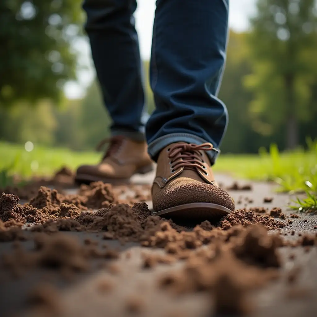 A humorous image showing a person stepping in dog poop while wearing nice shoes, with an exaggerated shocked expression. The shot should be taken at a low angle to emphasize the unexpected mess. The background should be slightly blurred to focus on the main subject. A wide-angle lens should be used to capture the full reaction and setting. The lighting should be bright and natural for a high-energy feel.