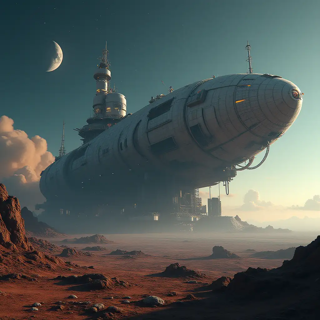 sci-fi, high technology, a behemoth massive space vessel's wreckage site on a surface of a distant planet, space, cosmos, stars, galaxies, moons in the sky, hyper-realistic, over-detailed, HD quality, perfect picture, soft, perfect composition, beautiful detailed, intricate, insane detailed octane render, 8k art photography, raytracing, photorealistic art, soft natural volumetric cinematic perfect light, chiaroscuro, hyperrealistic, soft focus, depth of field, HDR, professional lighting, taken with Canon EOS R5, 75mm lens, shot on v-raptor XL, color graded, cinematic lighting, 35mm film, live-action, blade runner motive, best quality, atmospheric, a masterpiece, epic