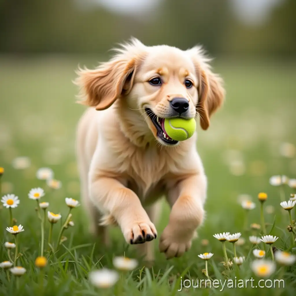 Beige-Fluffy-Retriever-Running-in-a-Field-with-Daisies-and-a-Tennis-Ball