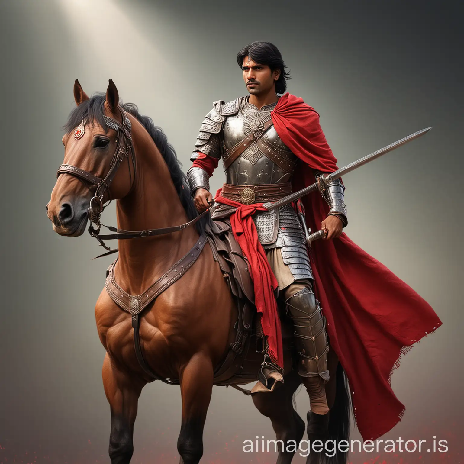 Handsome-Indian-Warrior-Prince-in-Armor-with-Sword-and-Horse