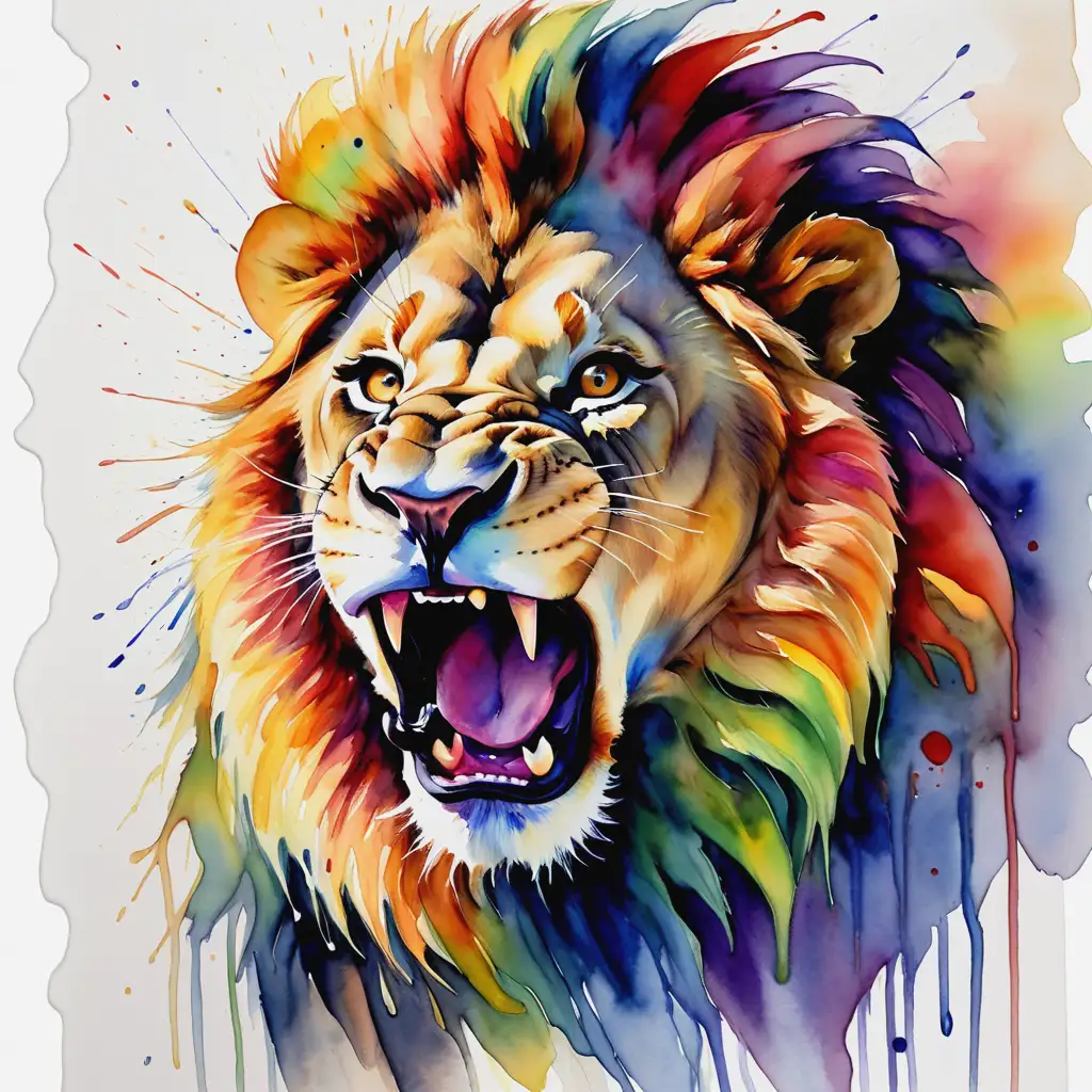 Vibrant Watercolor Lion Roaring in Rainbow Hues