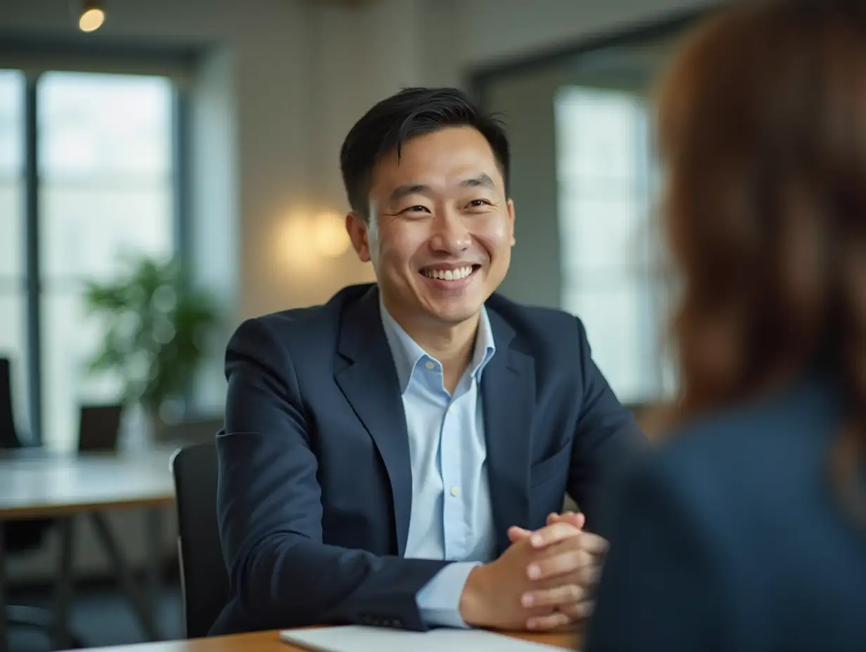 a asian man attends an interview in an office