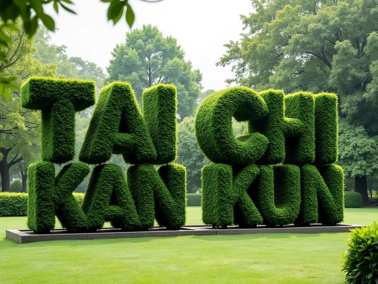 The words Tai Chi Kan Kun made of green grown in the style of hedge letters stands in front of beautiful park