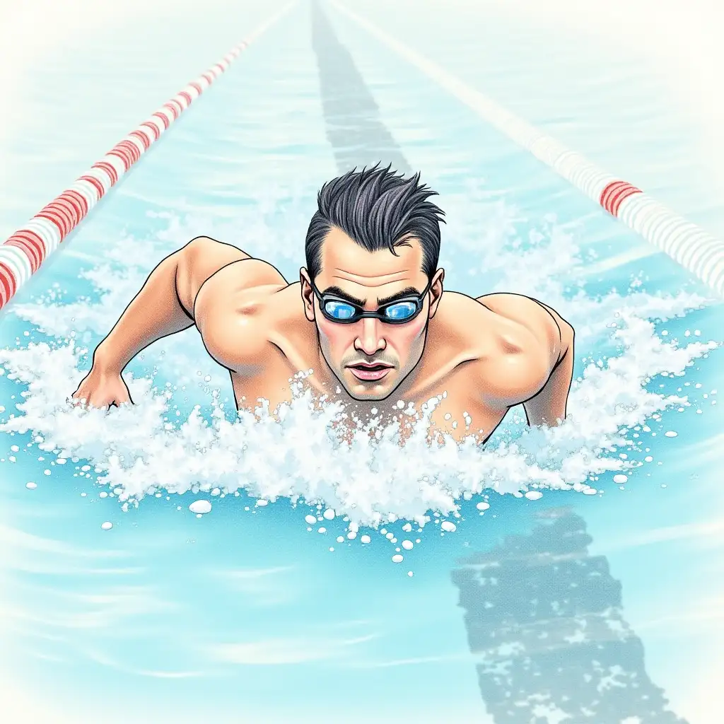 A realistic colored pencil drawing of a man swimming quickly along a lane in a swimming pool. His face and body are partially submerged in the water. The water ripples around him, and his arm is bent above the water. The man has short dark hair and a focused expression, and the water sloshes around him as he moves. He is wearing swimming goggles. The pencil shading emphasizes the movement and texture of both the water and his physique. The pool is lit with soft light, with subtle tile detail and reflections on the surface.