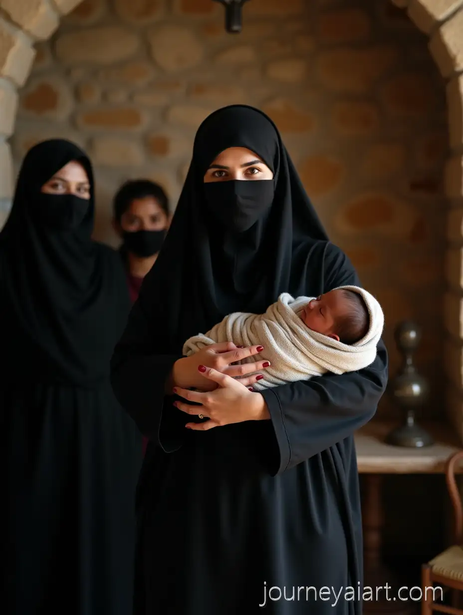 Arab-Family-in-Stone-House-with-NewbornAI-Art-Prompt-Expansion-Baby-and-Niqabclad-Women