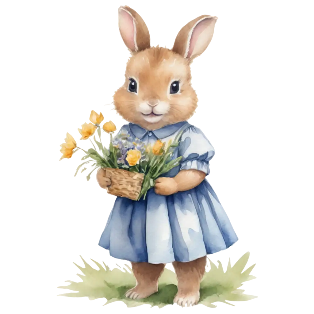 Watercolor-Drawing-of-a-Baby-Rabbit-in-a-Dress-Holding-Flowers-PNG-Image