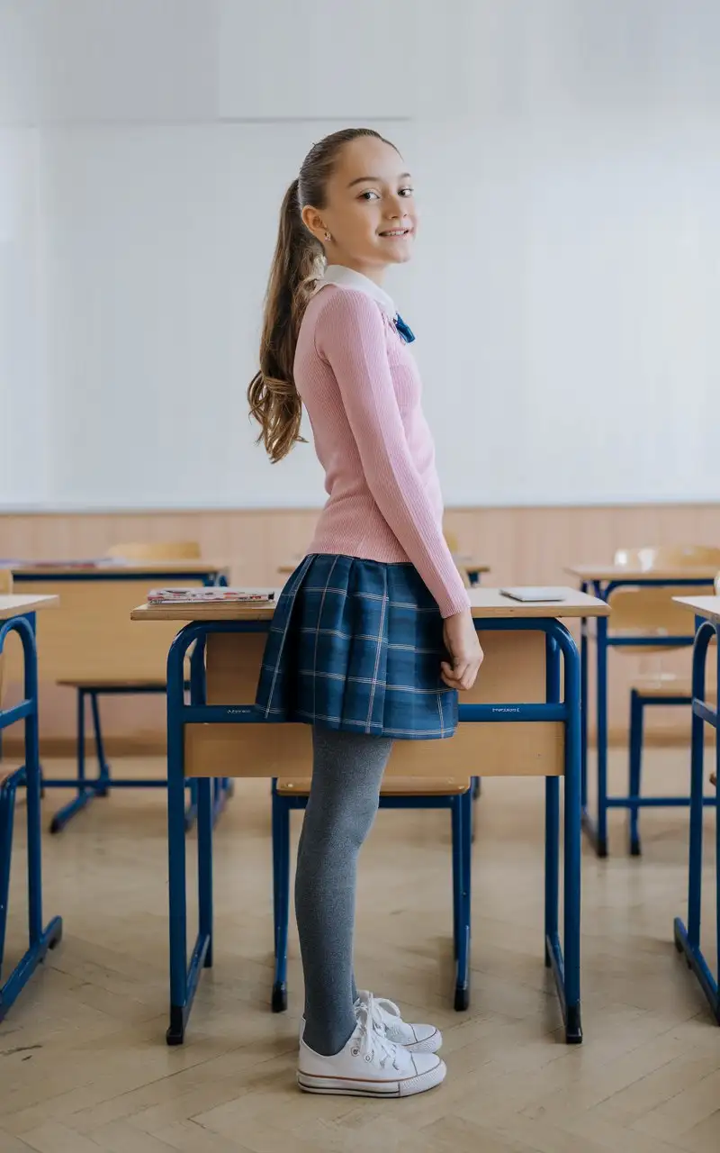 14YearOld-Girl-Smiling-in-Classroom-with-Pink-Sweater-and-Blue-Plaid-Skirt