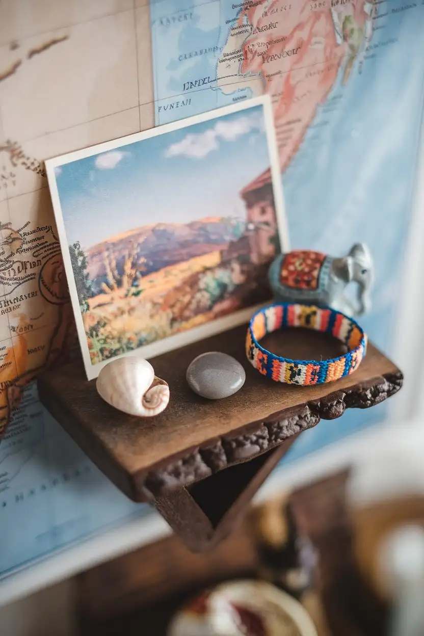 A slightly elevated shot of a small, rustic wooden shelf acting as a mini altar. The shelf holds a collection of travel souvenirs. There's a small, white seashell, a smooth, grey stone, a tiny, hand-painted ceramic elephant, and a colorful woven bracelet. A faded postcard depicting a scenic landscape leans against the back of the shelf. The background shows a hint of a world map. The overall mood is nostalgic and adventurous.