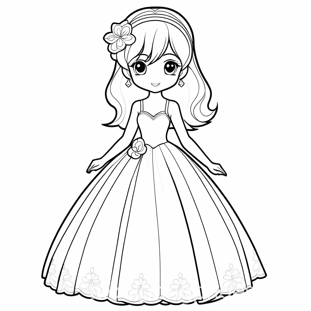 Anime coloring page cute girl, with styled hair and wearing a wedding dress, full body, head to toes. bold and easy, full Coloring Page, only white, white background, Simple and easy for kids. The background of the coloring page is plain white to make it easy for young children to color within the lines. The outlines of all the subjects are easy to distinguish, making it simple for kids to color without too much difficulty, Coloring Page, black and white, line art, white background, Simplicity, Ample White Space. The background of the coloring page is plain white to make it easy for young children to color within the lines. The outlines of all the subjects are easy to distinguish, making it simple for kids to color without too much difficulty