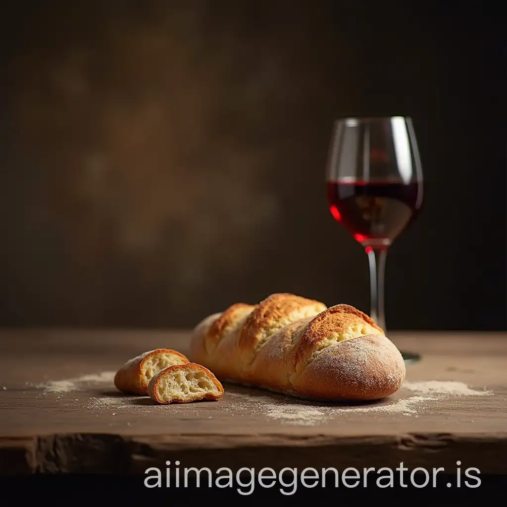 create an image with a bread and a wine glass on a rustic table