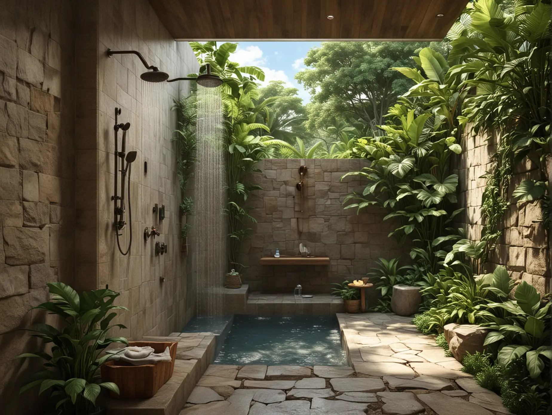 Luxurious Outdoor Shower in Costa Rica with Natural Stone Walls and Tropical Plants