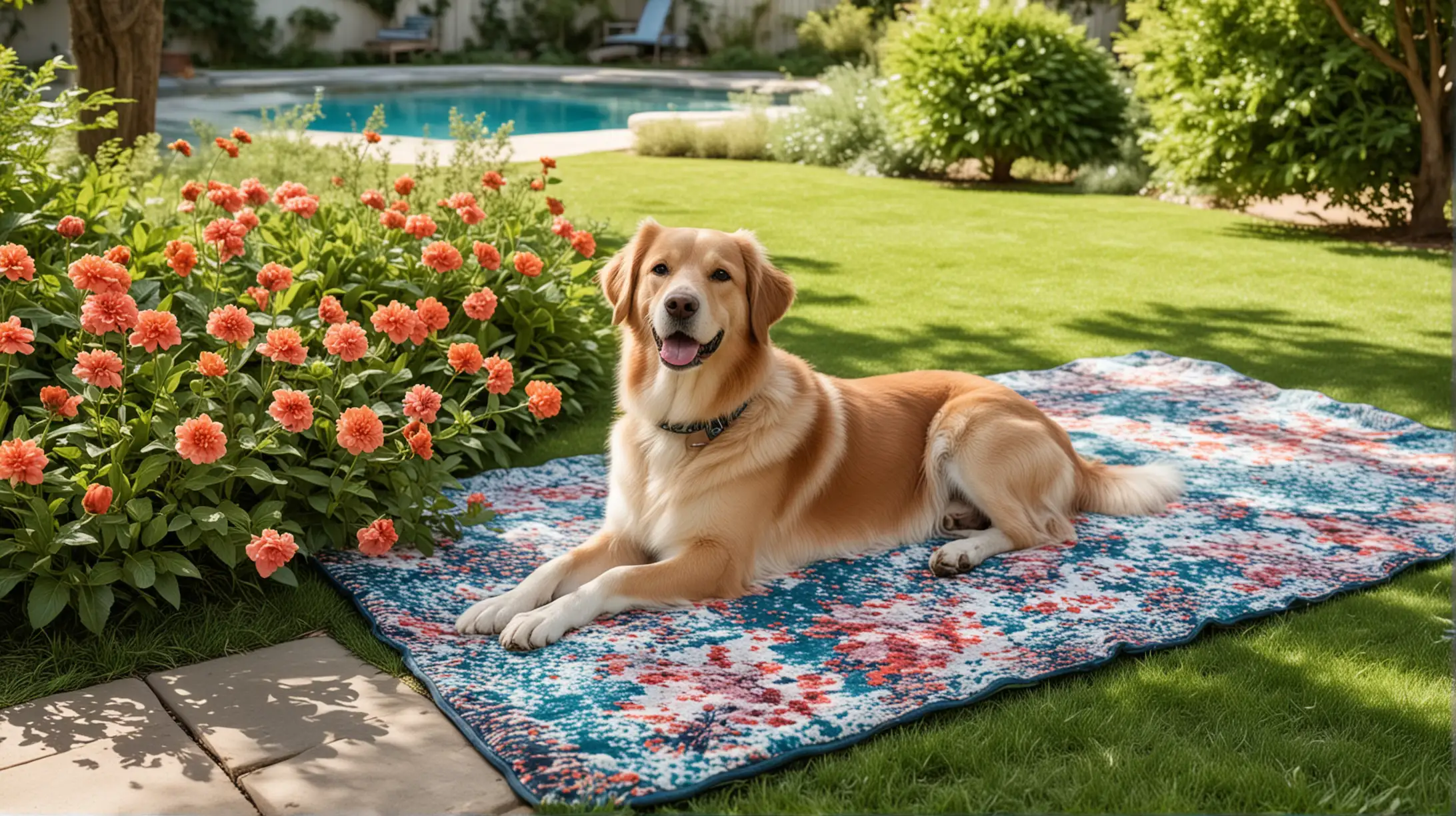 Relaxed Dog on Outdoor Cooling Mat in Landscaped Backyard