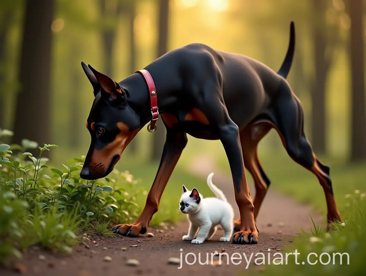 Sleek-Doberman-and-a-Lost-Kitten-in-a-Sunlit-Forest-Park