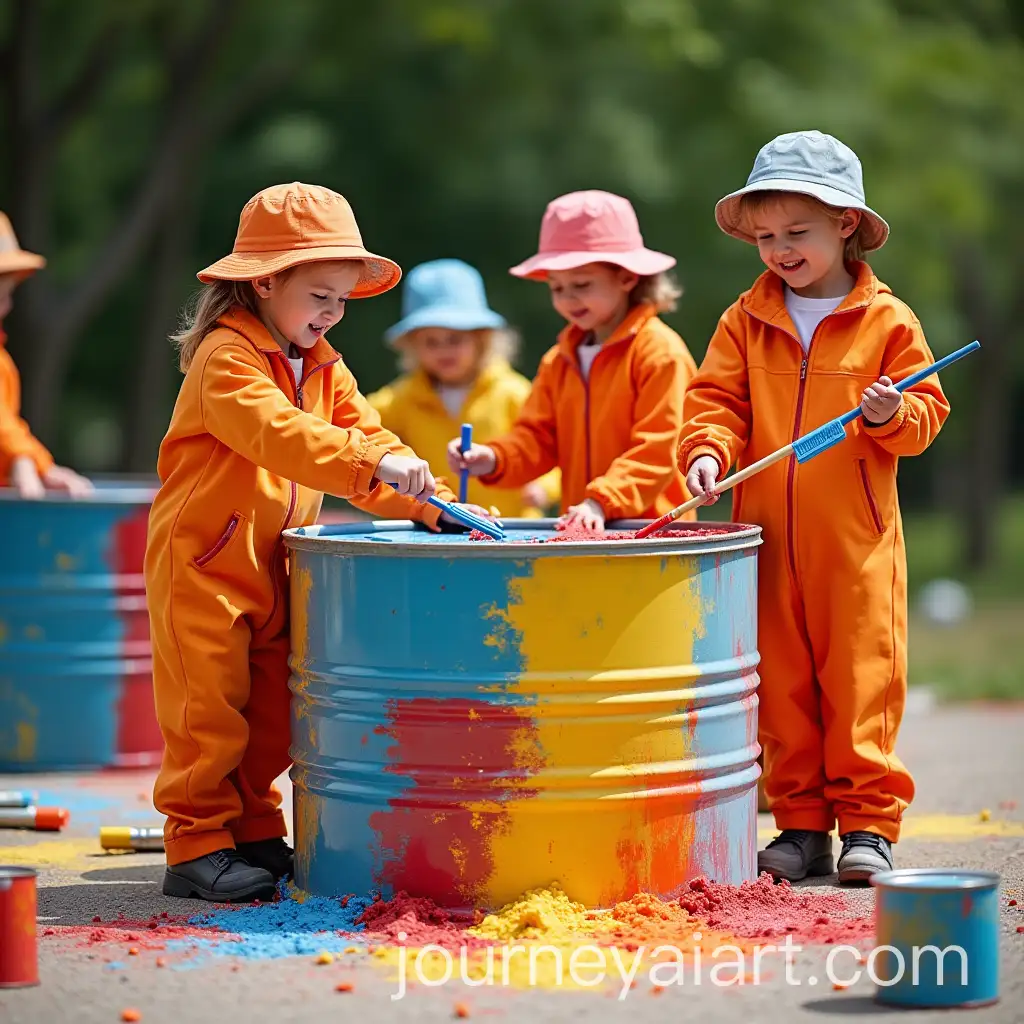 Small-People-Painting-Large-Metal-Barrels-in-Bright-Outdoor-Setting