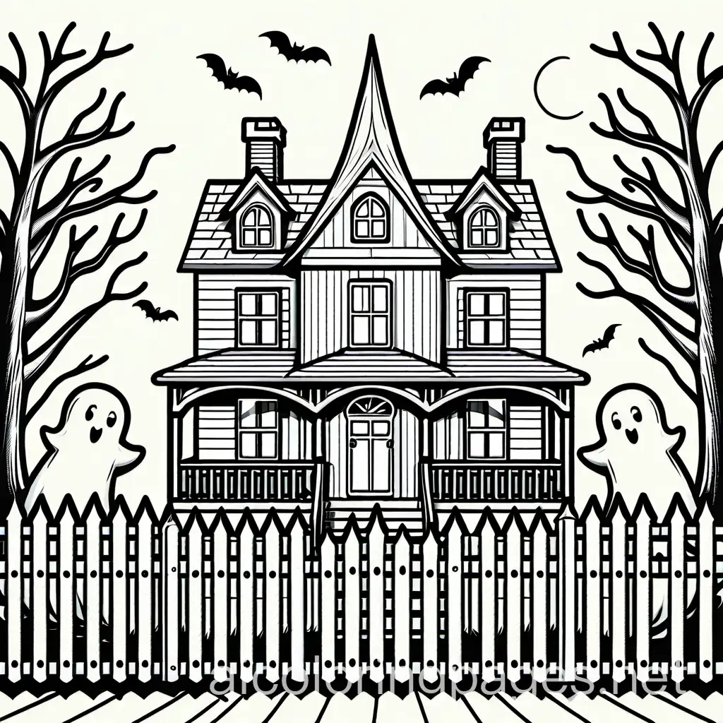 Haunted-House-Coloring-Page-with-Ghosts-and-Picket-Fence