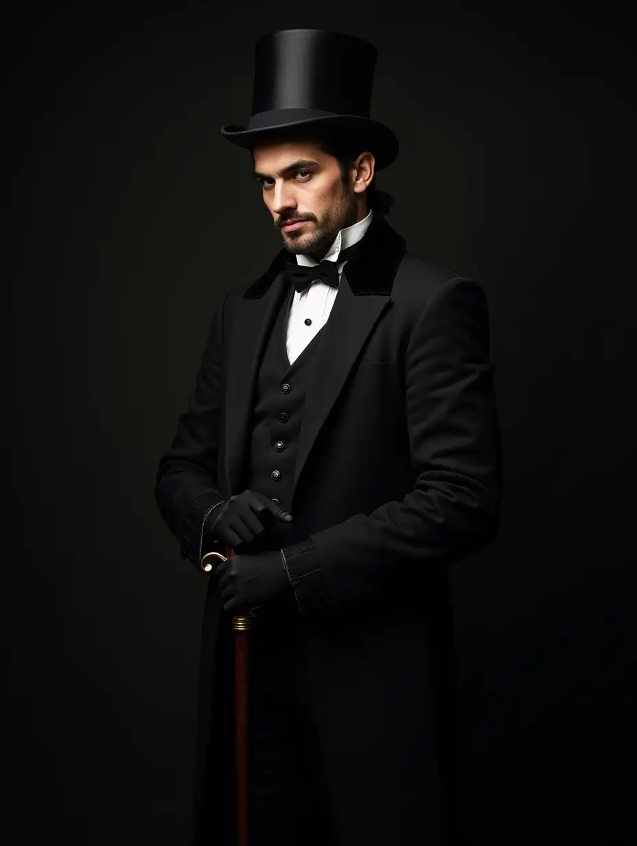 handsome vampire man, 30 years old, in a Gothic suit and coat, small vintage top hat, Peter Kemp, Laura Sava, regency, costume design, gloves, cane, portrait of a Renaissance master, Joyce Ballantyne style, dark background, casual pose