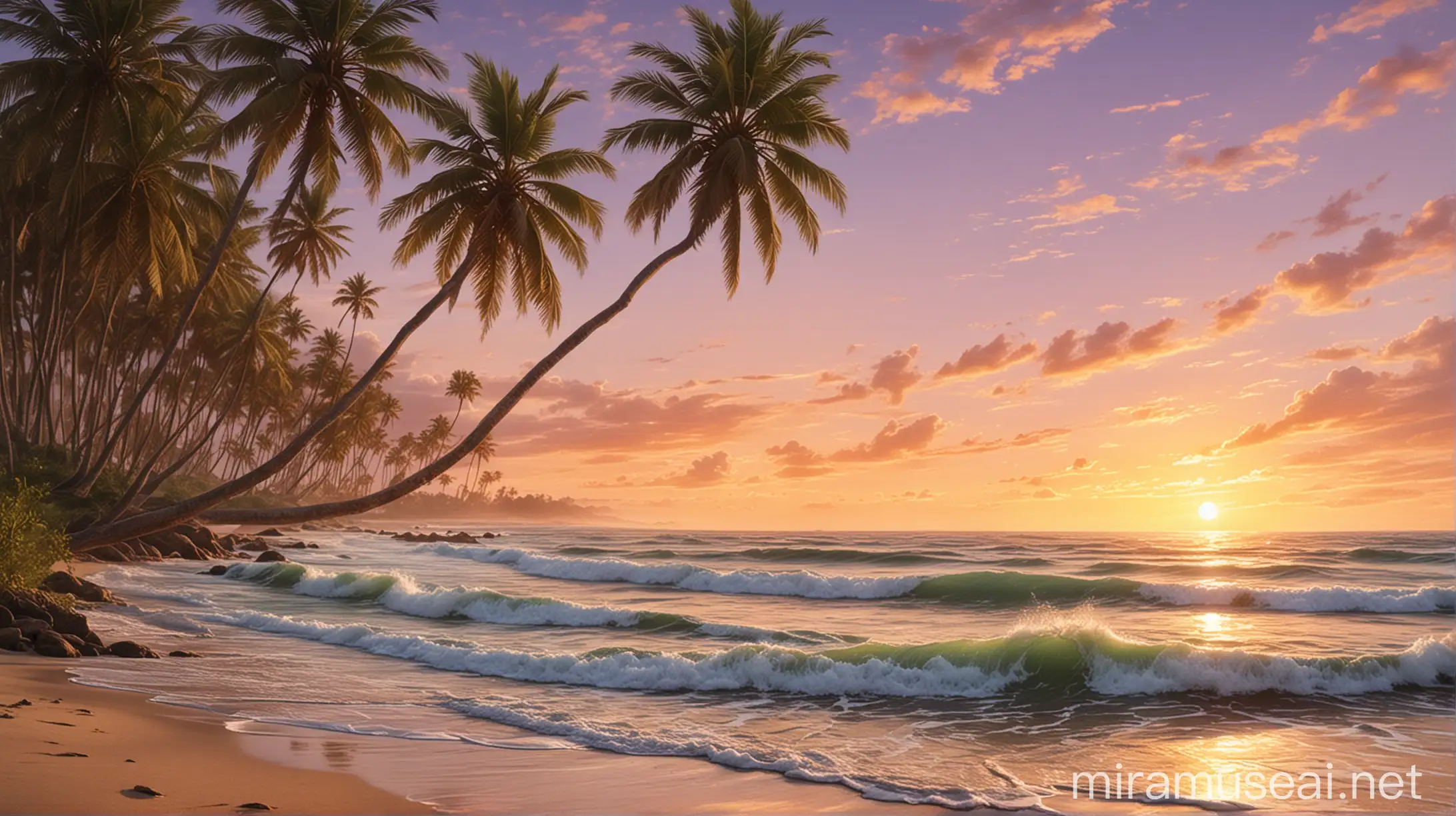 Serene Sunset Beach Scene with Palm Trees and Gentle Waves
