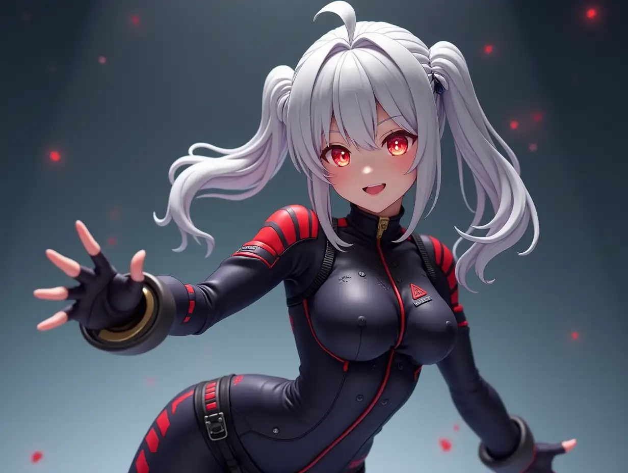 An injured white-haired girl with glowing red eyes, wearing form-fitting pilot suit. Anime PVC Figure style. Full body. Fighting stance. Scifi. Genshin Impact style. Cinematic.