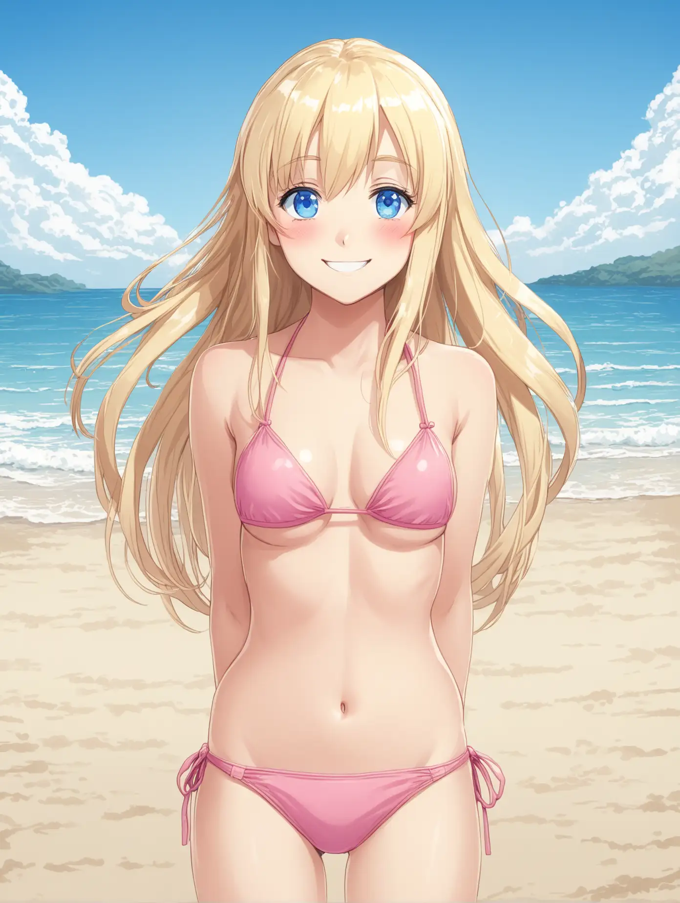 Smiling-Girl-in-Pink-Bikini-on-the-Beach-with-Long-Blond-Hair