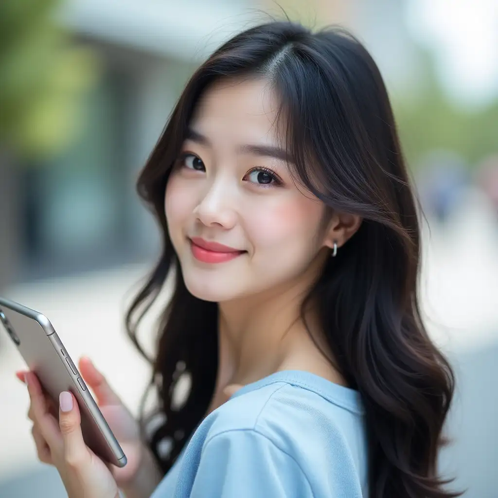 A young woman with long dark hair is holding a smartphone in her hand and looking slightly over her shoulder. She creates a soft and natural look with light makeup and a calm, reflective expression. The background appears to be an outdoor urban environment and is slightly blurred to keep the face in focus. The lighting is natural, making the soft tones of her clear skin and light blue top stand out even more. White skin, big double eyelids