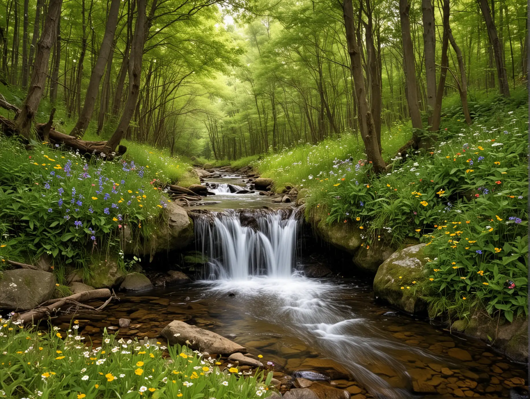 Tranquil-Forest-Scene-with-Waterfall-and-Wildflowers