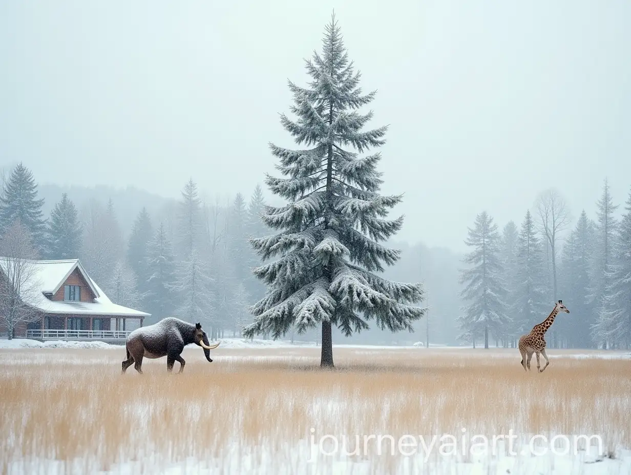 Giraffe-and-Mammoth-Running-Across-Snowy-Field-with-SnowCovered-Fir-Tree-and-House-in-Background