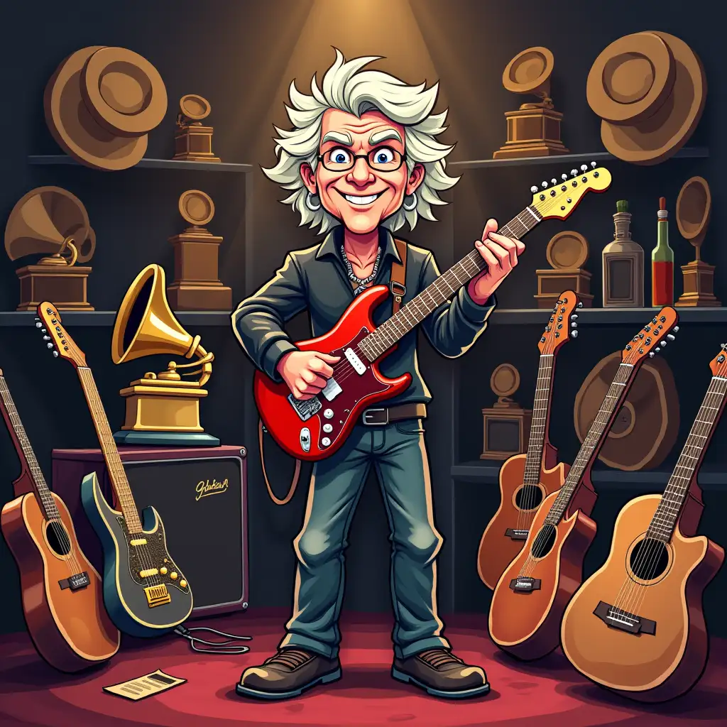 A cartoon Middle aged rockstar surrounded by Grammy awards, guitars and bottles of alcohol 