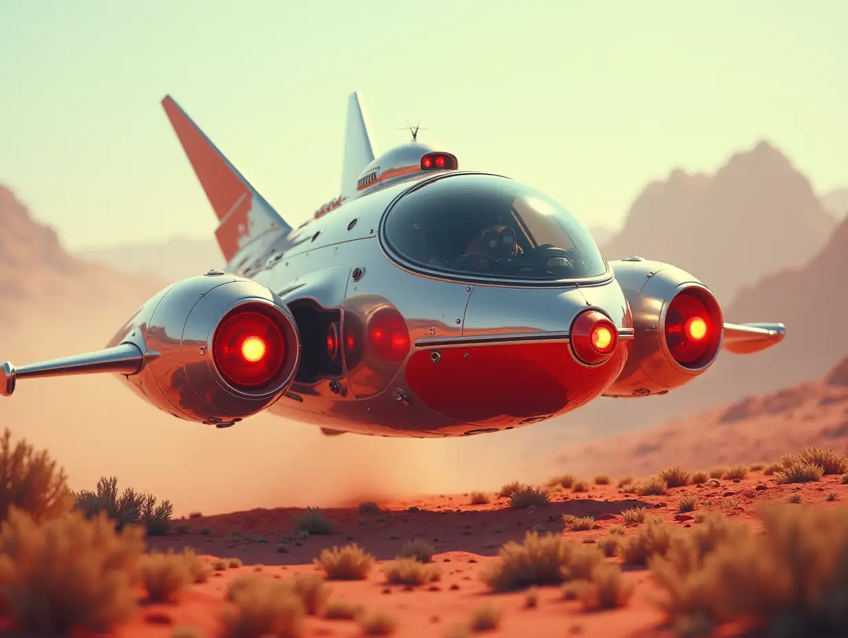 A larger spaceship retro white-red color, shiny parts, with glowing headlights, glass, windshield flies very close over the desert with colorful plants, 4k resolution colorful