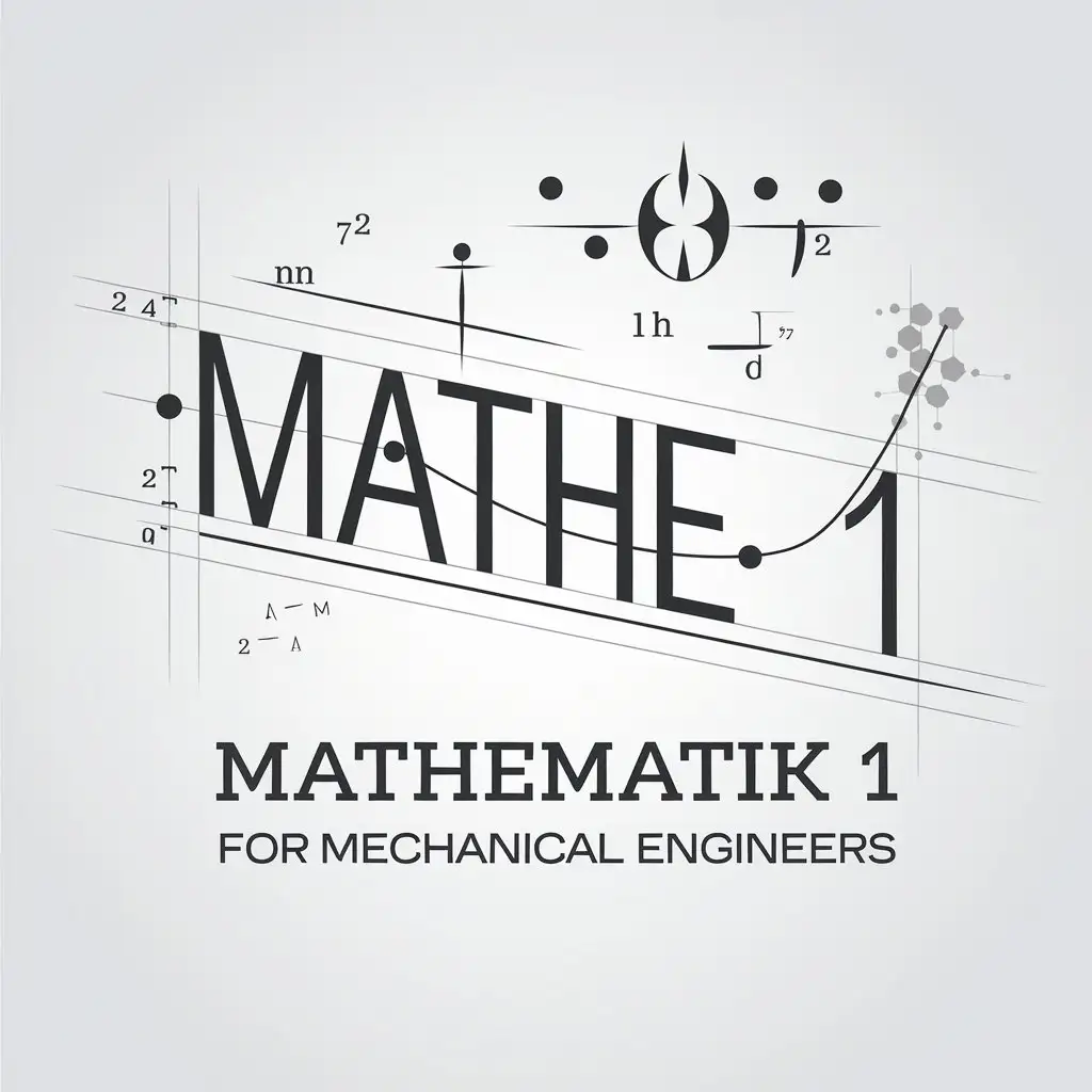 Design a sleek and modern logo for a course titled 'Mathematik 1' for mechanical engineers. The logo should prominently feature the text 'Mathe 1' as a function plot on a 2d Cartesian plane with axes and a grid. Integrate mathematical symbols such as matrices, numerical algorithms, or function graphs in a subtle style around the text. The overall design should be visually appealing, suitable for educational material. All elements should be dancing in cohesion.