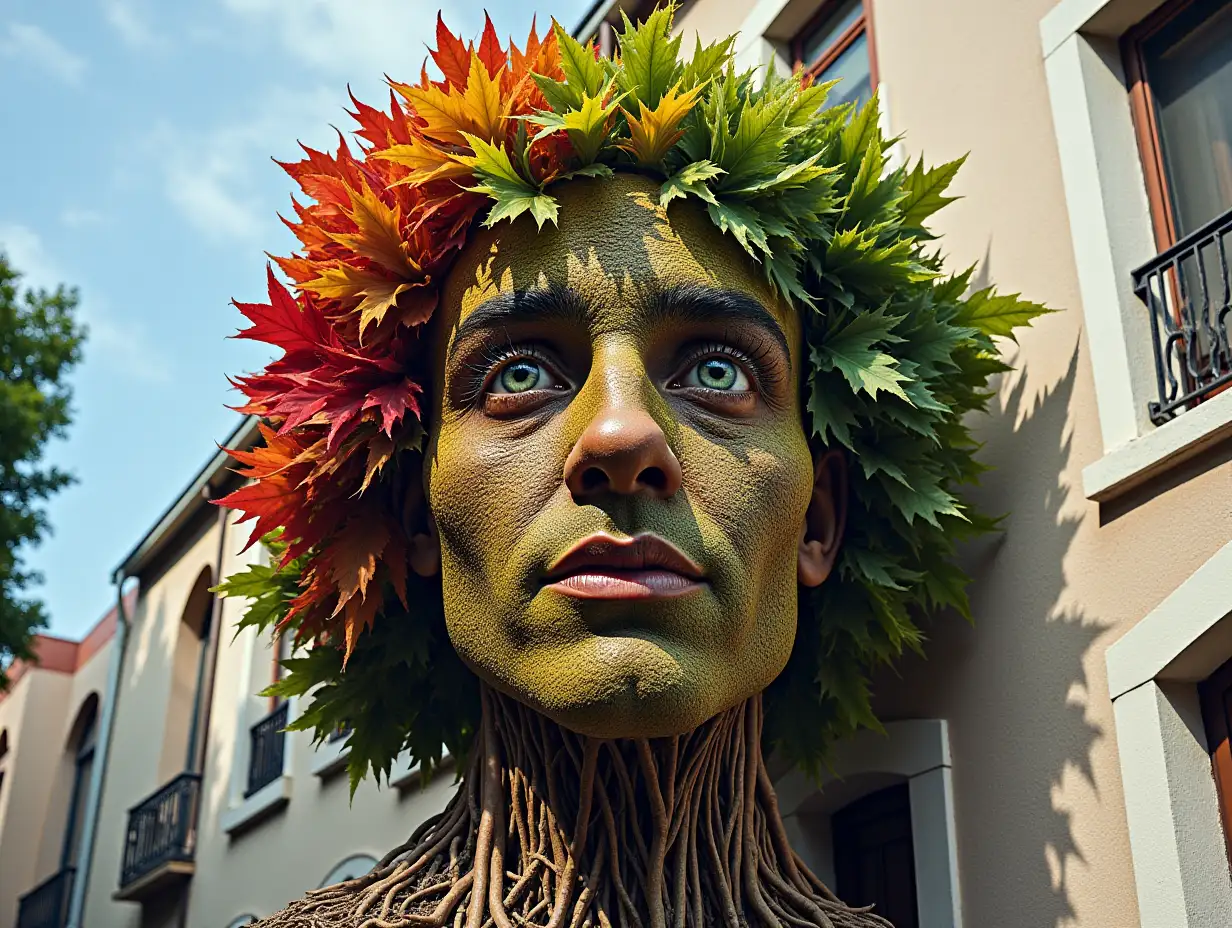 Face transformed into colorful Morel leaves and roots on a building