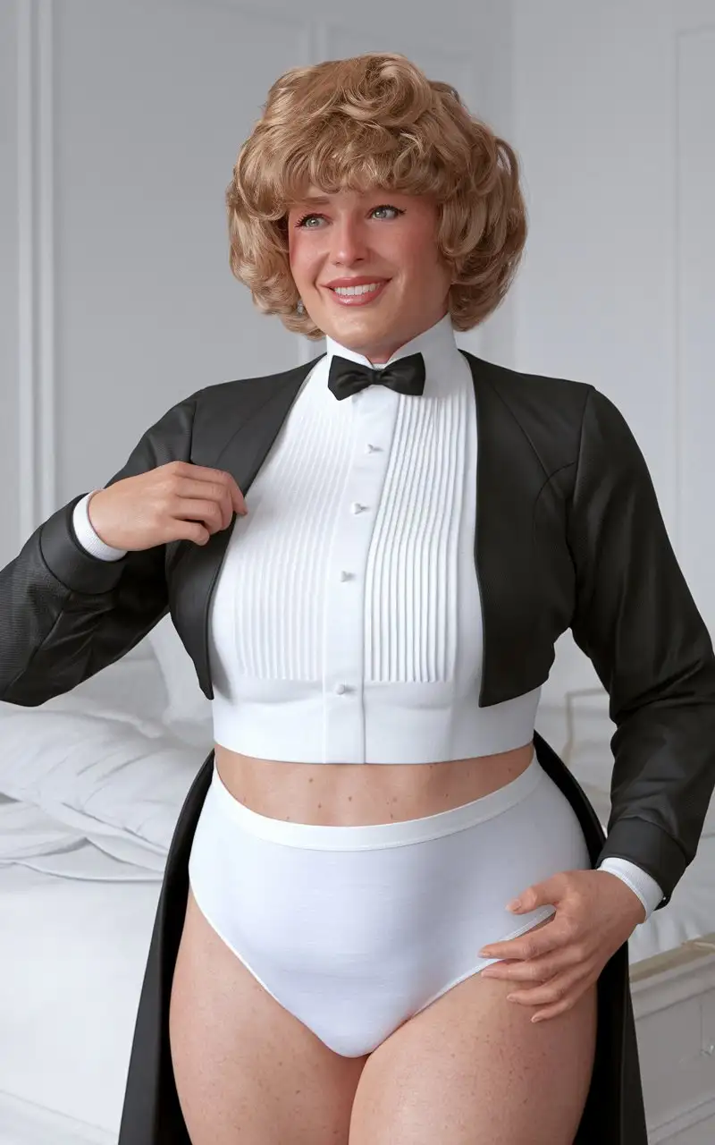 Smiling-Caucasian-Woman-in-Formal-Orchestra-Tuxedo-with-High-Heels-in-White-Bedroom