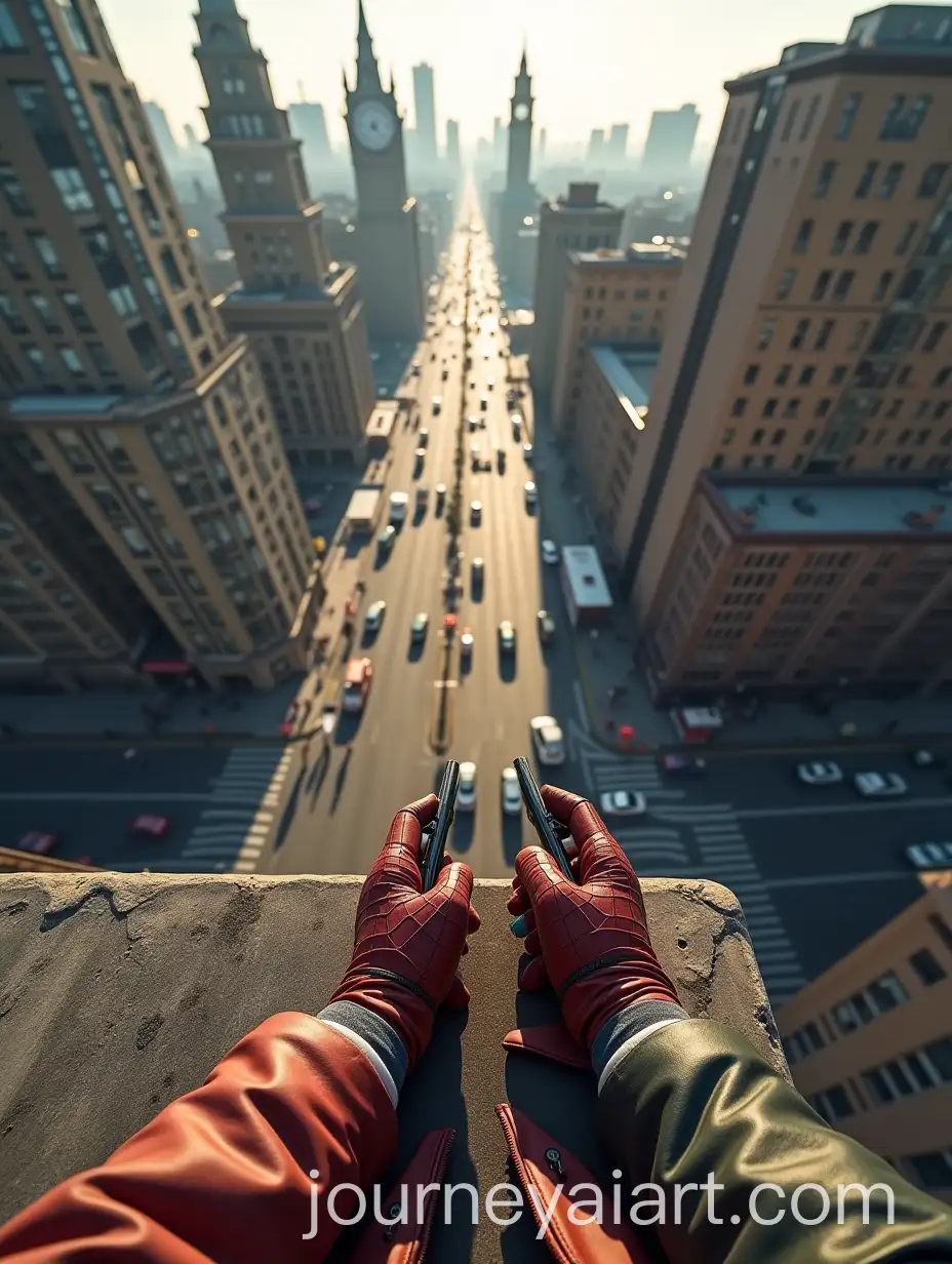 TopAI-Image-Prompt-ExpansionDown-View-of-a-Skyscraper-Rooftop-with-Hero-Ready-to-Jump-and-Fire-Web-Shooters