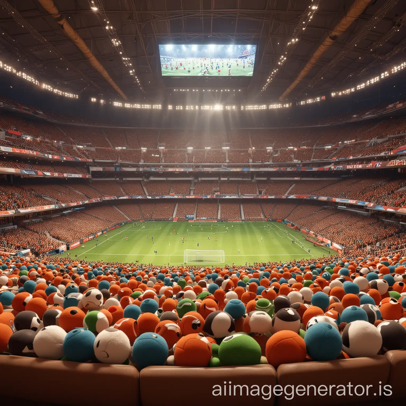 A group of cute plush balls sitting in the audience, watching a football match, the stadium in the center of the screen, exciting atmosphere, bird's eye view, ultra-wide angle, super high definition, c4d, OC renderer, Pixar