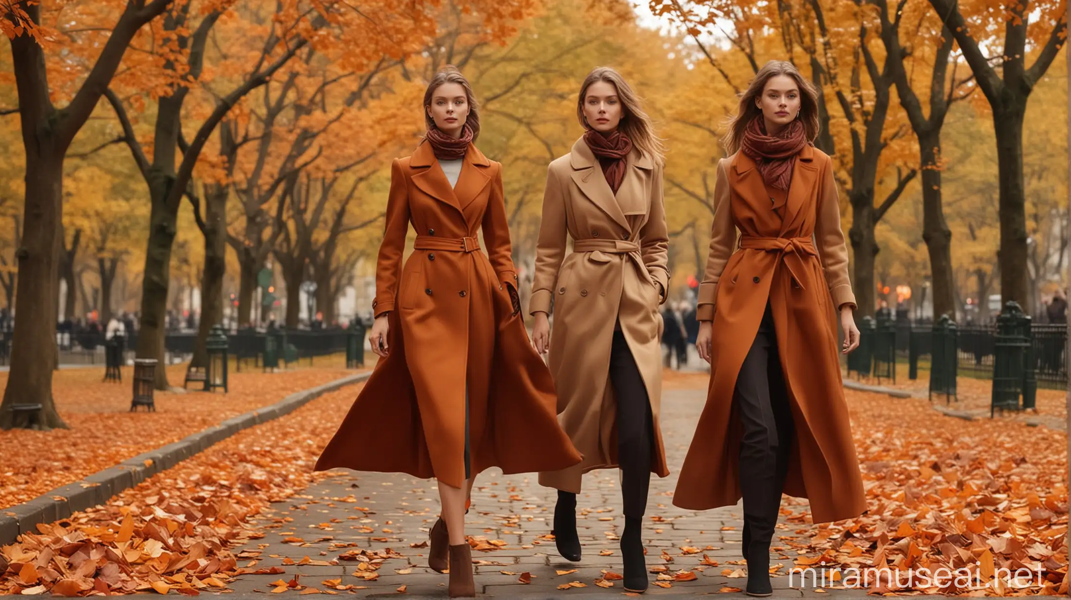 Graceful Autumn Fashion Scene Elegant Coats and Scarves in City Park