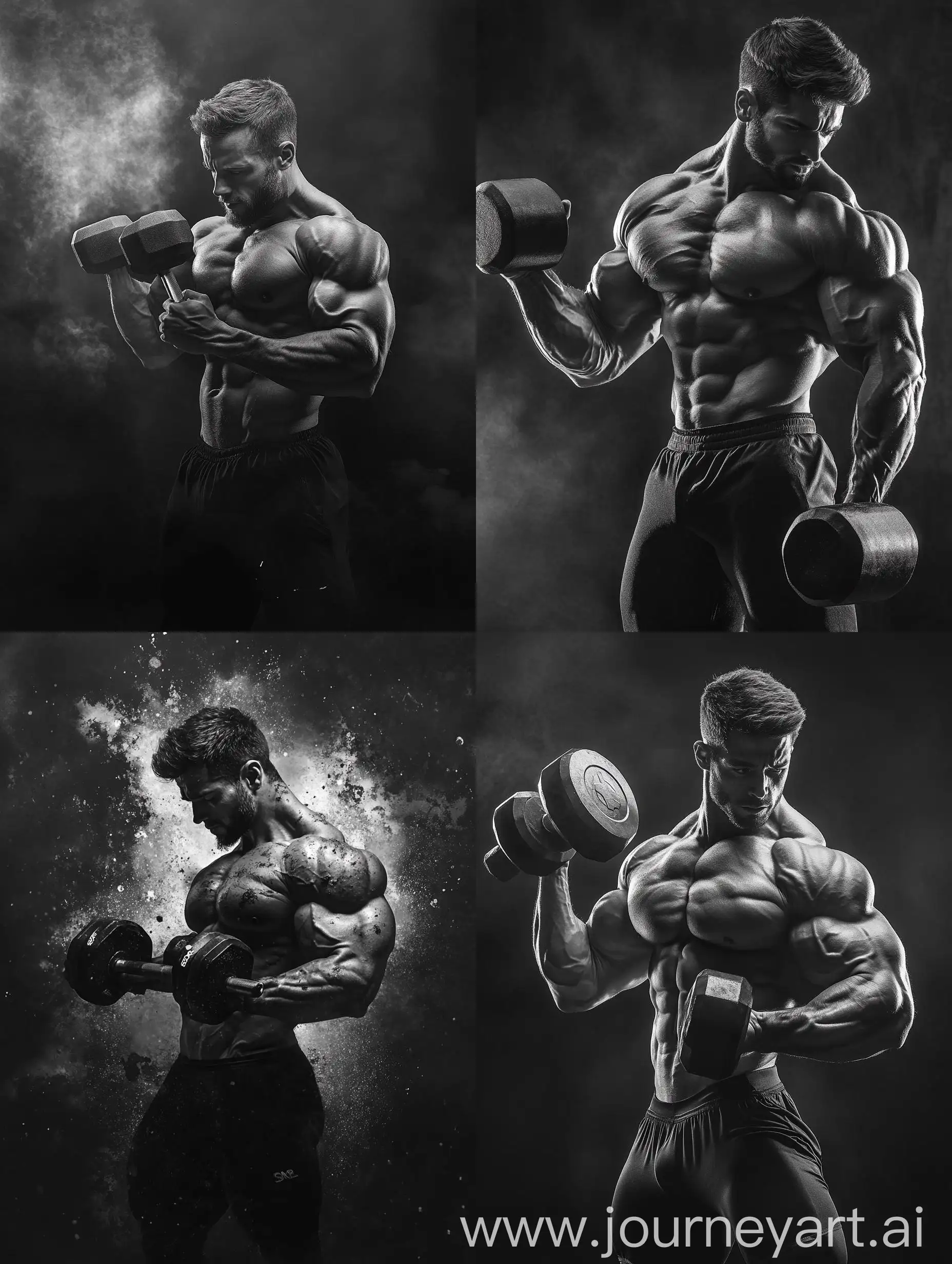 Muscular-Man-Working-Out-with-Dumbbells-in-Black-and-White