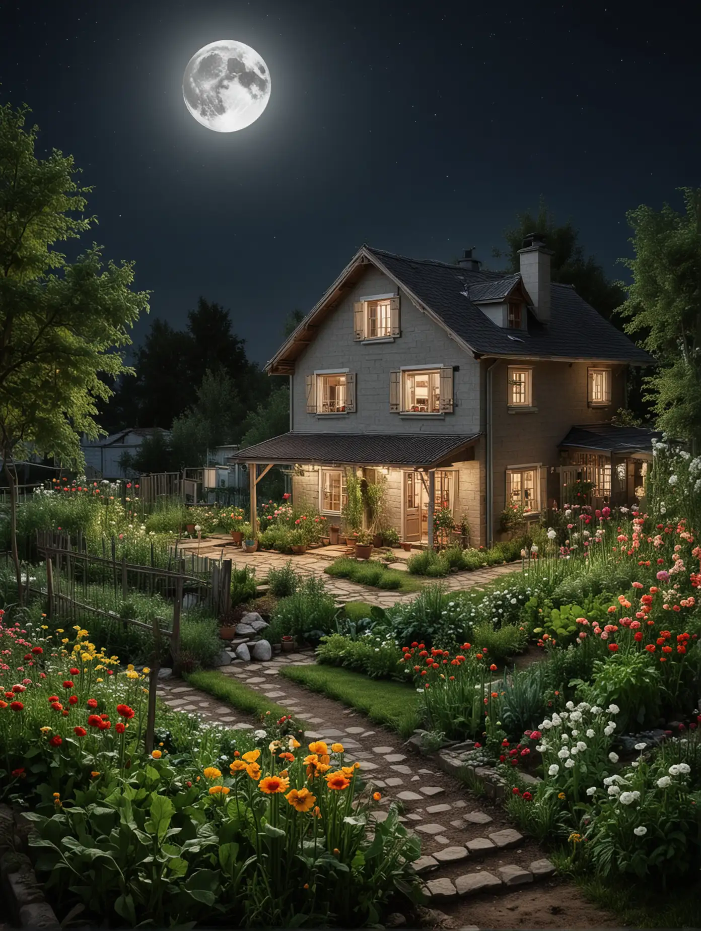 Moonlit-Modern-Rural-Home-with-a-Flourishing-Vegetable-Patch-and-Flower-Garden