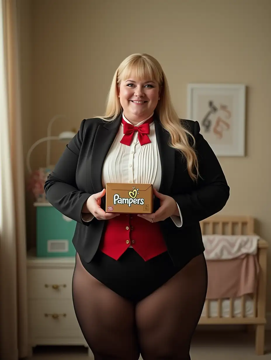 photo realistic, sweet smiling middle-aged larger plump obese body type with large wide hips Caucasian female woman, with long blonde pulled back hair with bangs, wearing a very formal orchestra concert tuxedo with black long sleeve high cut cropped Eton jacket, white tuxedo shirt, with a high standing wingtip collar, and many thick vertical pleats front, red diamond point bow tie with red adjustable neckband, red cummerbund, black tight high cut spandex brief, nylons, high heels, looking at viewer while presenting a large box of Pampers, in a nursery, full body front view.