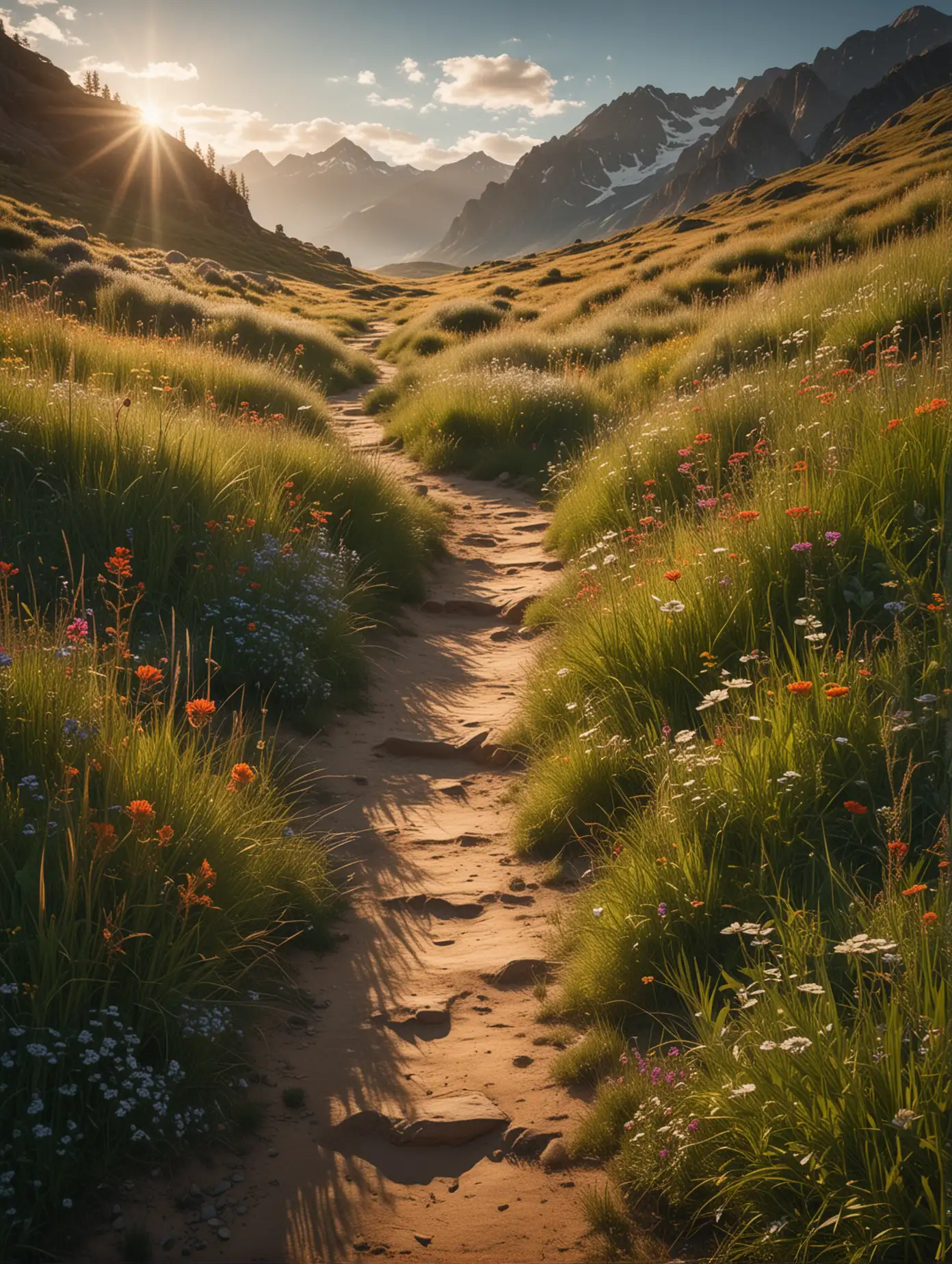 A winding path through a wild, untouched meadow, flanked by tall, swaying grasses and vibrant wildflowers. The path leads towards a distant, majestic mountain range, with the sun hanging low in the sky, casting long, warm shadows. The path represents life’s journey, filled with natural beauty and gentle challenges. The colors are rich and vivid, with a deep, ink-like quality to the shadows and highlights, reminiscent of Ray Roberts's style. Captured in 8k resolution, with a super wide lens and large depth of field.