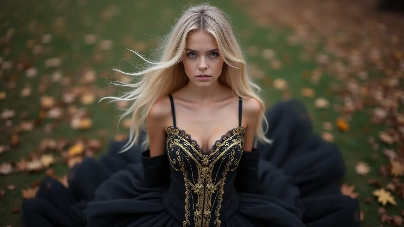 Mystical-Young-Woman-in-a-Luxurious-Black-Gown-with-Autumn-Leaves-Background