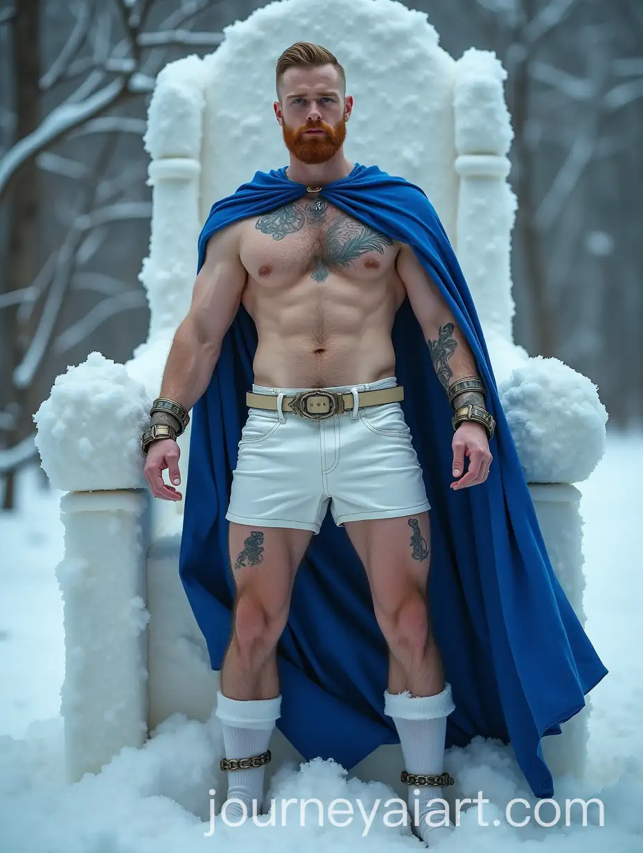 Pale-Ginger-Gladiator-in-Snow-Throne-with-Blue-Cape-and-Tattoos