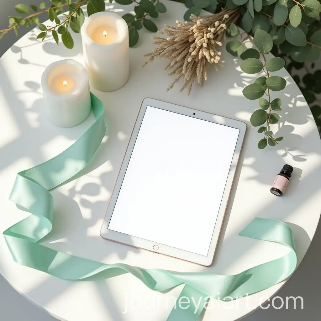 Luxurious-White-Table-with-Mint-Ribbon-Candles-and-Natural-Elements